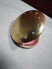 Vintage Gold Tone Compact Mirror Clear Rhinestones Good Condition