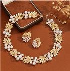 Jewelry Set-rhinestone And Faux Pearl Necklace And Earrings Set  Gold Tone