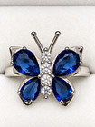 925 Sterling Silver Blue Sapphire Cz Butterfly Ring Rhodium Plated Size 7