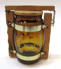 Vintage 1970 s Brown Glass W Wood Lid Etc Keg O Money Coin Bank Canada Souvenir