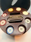 Early 1900s Good Luck Swastika 196 Poker Chips W  Rotating Wood Carousel   Case