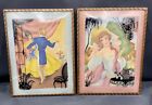 Pair Vintage Silhouette Picture Reverse Painted Convex domed Glass 6   x8   courting