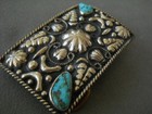 Southwest Style Turquoise And Metalwork On Silver Tone Alpaca Belt Buckle Mex