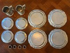 Vintage Crown Castle Pewter Set 15 Pieces  2 Mugs  8 Plates  4 Napkin Rings