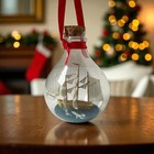 Glass Ball Christmas Ornament Nautical Sailing Ship In Bottle Red Ribbon