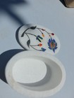 Vintage White Marble Lid Trinket Jewelry Box W  Multi Semi Prescious Stone Inlay
