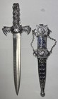 Fantasy Dragon Stainless Steel Knife Silver Tone Sheath Metal Lion Belt Clip