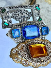 Antique Art Deco Filigree Brooch   Pin Lot Of 3     Bohemian Czech Glass Jewelry