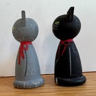 Vintage Swedish Folk Art Pair Wood Hand Made Hand Painted Cats Black Gray 1970s