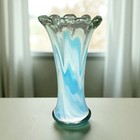 Murano Style Vtg Hand Blown Swung Art Glass Vase Blue White Swirl Ruffle Rim 11   
