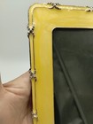 Yellow Enameled Metal Photo Picture Frame Ribbon Rhinestone Silver Tone Accents