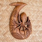 Hawaiian Fish Hook Octopus Hand-carved Wood Hanging Polynesian Decor 16  In