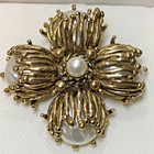 Vintage Gold Tone Large Floral Brooch W lg Faux Pearls Unusual 2 25  Unmarked