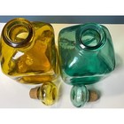 Vintage Hand Blown Glass Decanter Set Amber Teal Green Dimpled Bottles Corks
