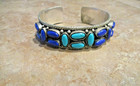 Large Size  Vintage Navajo Sterling Silver Turquoise   Lapis Applique Bracelet