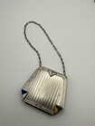 Antique Art Deco Guilloche Enamel Dance Purse Wristlet Compact Silver Tone