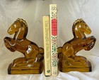 Set Of 2 Vintage L e  Smith Amber Glass Rearing Horse Bookends Circa 1960