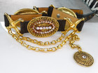 Streets Ahead 80s Vtg Wide Leather Crystal Gold Chain Medallion Belt Sml Runway