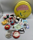 Vintage Tin Of Vintage Sewing Notions 13 Original Wooden Spools Pin Cushions   