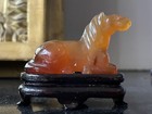 Antique vintage Carved Chinese Carnelian Horse And Wood Stand