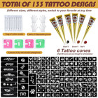 147 Pcs Henna Tattoo Kit  6 Cones With 133 Stencils