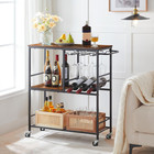 Rustic 3-tier Bar Cart With Wheels  Wine Rack   Glass Holder - 29 5 Inches