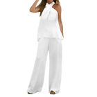 Women 2 Piece Outfits Casual Solid Halter Sleeveless Tops With Wide Leg Pants