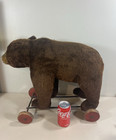 Antique Early 16  High Steiff Mohair Ride On pull Toy Bear On Wood Wheels