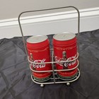 Vintage Coca-cola Soda Theme Salt   Pepper Shaker Set W  Red Metal Caddy Tin Can