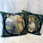 Vintage Cat Kitty Throw Pillows Green Grannycore Cottage Green Quilted 80s