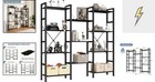 Bookshelf 4 Tier Industrial Wide Triple Column Bookcase Black Wood Floor Mount