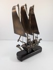 Vintage Brass Nautical Sailboat Ship On Wood Base Steam Punk 13  T