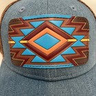 Women s Ariat Denim Hat W  Leather Aztec Patch Snapback Mesh 6 Panel Western