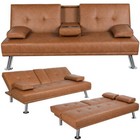 Faux Leather Futon W  Cupholder Pillows Modern Convertible With 3 Back Positions