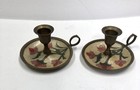 Pair Of Solid Brass Hand Painted Floral Candle Holders India Good Condition Vtg