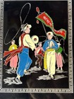 Vintage Antique Black Lacquer Silver Asian Enamel Painting Wall Art Panel Korean