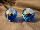 Pair Handmade Art Glass Marbles 1 25    Blue Swirl Orbs Unsigned