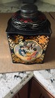 Vintage Asian Litho-decorated Tea Canister Japanese Black Metal Tin Container