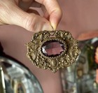 Antique Victorian Large Amethyst Glass Brass   Necklace Pendant Charm Ornament