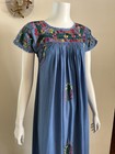 1970s Blue Cotton Oaxacan Mexican Huipil Dress Embroidered Floral Maxi Sz S Vtg