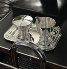 Art Deco Modern Silver Plate Creamer   Covered Sugar Tray Set Gleaming Stunning