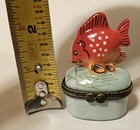 Vintage Hinged Trinket Box Ceramic Red Tropical Fish With Metal Rim