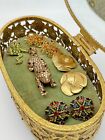Ormolu Jewelry Casket Matson Oval Green Velvet Floral Design Large Vintage