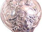 Antique Art Nouveau Sterling Silver Hand Mirror Repousse Maiden   Tulips Mono