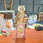 Owl Bird Figurine Sculpture On Tree Stump With Two Owls  Carved Base