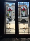 Antique Pair Of Chicago Bungalow Stained Leaded Glass Bookcase Cabinet Doors