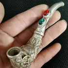 1x Old Chinese Tibet Hand-carved Dragon Phoenix Inlay Gem Pipe Smoking Tools New