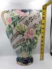 Vtg Japanese Vase 12    Hand Painted Double Handles With Raised Flower Design