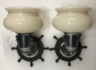 Vtg Nautical Sconce Pair Antique Wall Light Fixture Mep Art Glass Usa  g96