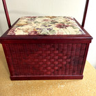 Vtg Wooden Sewing Basket  Wicker Weave Box Fabric Top Tray Insert 16 x13 x10 